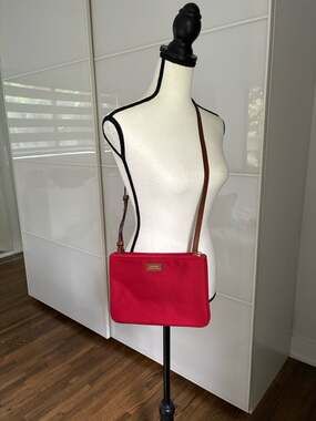 Lauren Ralph Lauren Red Nylon Triple Gusset Crossbody Bag with Leather Trim